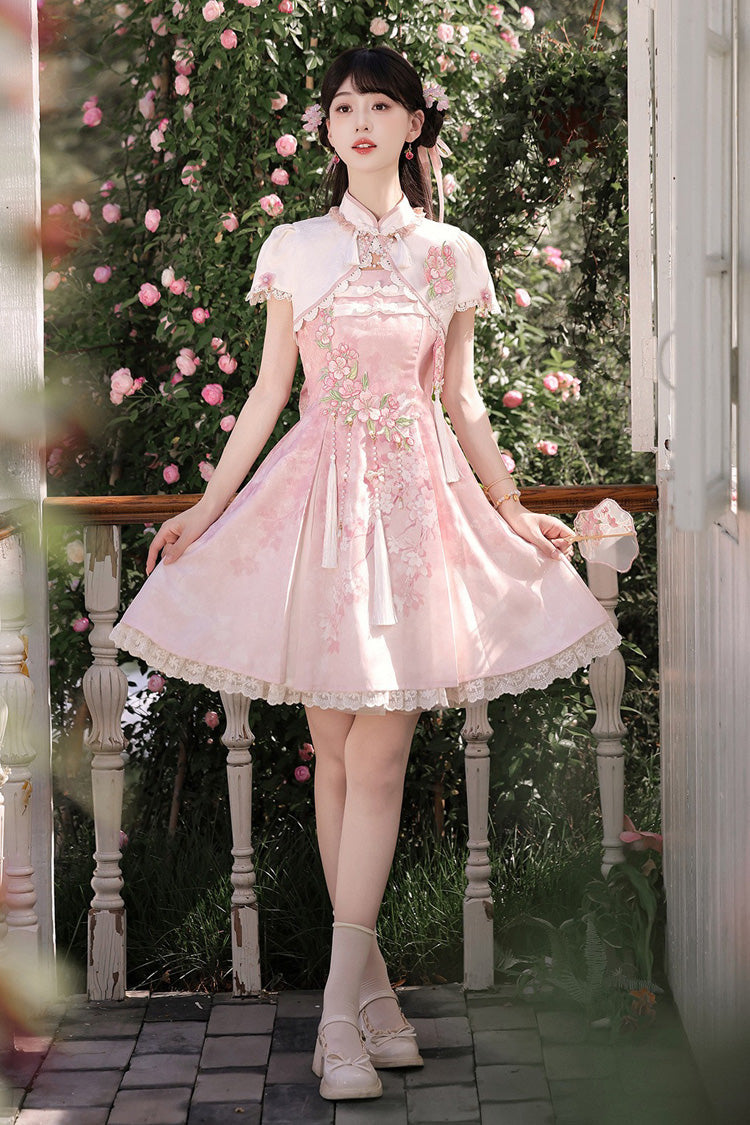 Pink [Whispers on Falling Cherry Blossoms] Printed Embroidered Tassel Sweet Classic Chinese Style Lolita Jsk Dress Set - Product - 5