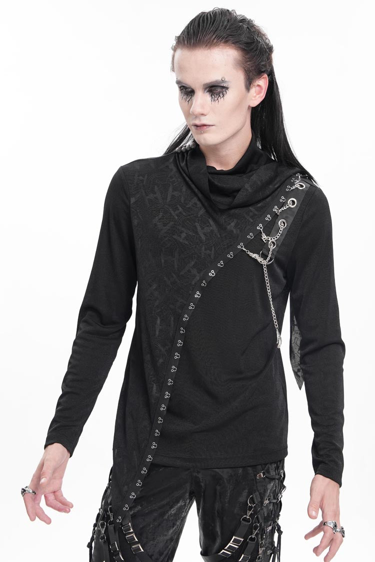 Black Chain Long Sleeves Print Stitching Asymmetric Men's Gothic Sweatershirt - Product - 3