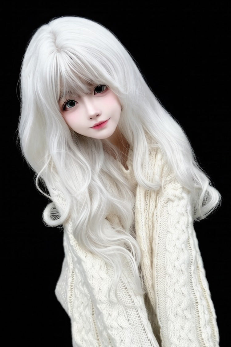 Pearl Milk Grey Blunt Bangs Long Curly Wig Japanese Sweet Lolita Style - Product - 3