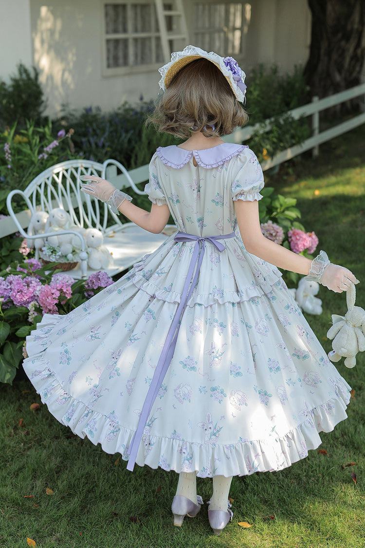 [Breezy Summer Blossoms] Peter Pan Collar Short Sleeves Jacquard Printed Ruffled Embroidered Bow Sweet Lolita Dress 2 Colors (Yellow, Purple) - Product - 23
