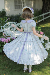 [Breezy Summer Blossoms] Peter Pan Collar Short Sleeves Jacquard Printed Ruffled Embroidered Bow Sweet Lolita Dress 2 Colors (Yellow, Purple) - Product - 23