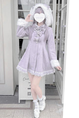 Grey/Purple Long Sleeves Bowknot Rabbit Ears Detachable Hooded Japanese Jirai Kei Coat - Product - 2
