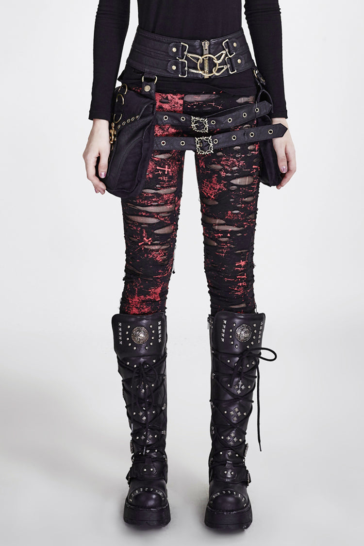 Mesh Close Fitting Long Women's Gothic Leggings - Red - 2