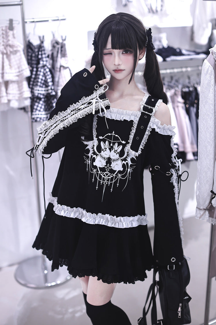 Black [Bandage Bunny] Off Shoulder Long Sleeves Ruffled Embroidered Bow Lace Punk Jirai Kei Japanese Dress - Product - 4
