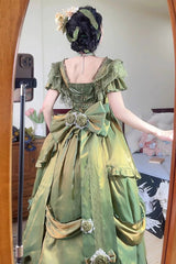 Green Tana Manor Rose Flower Long Sleeves Ruffle Bowknot Elegant Sweet Princess Lolita Strapless Dress - Product - 4