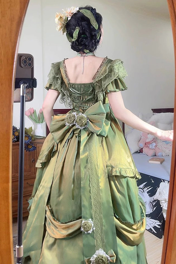 Green Tana Manor Rose Flower Long Sleeves Ruffle Bowknot Elegant Sweet Princess Lolita Strapless Dress - Product - 4