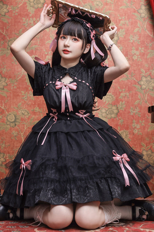 Stand Collar One Button Bubble Short Sleeve Lace Hem Sweet Lolita Dress - Product - 6