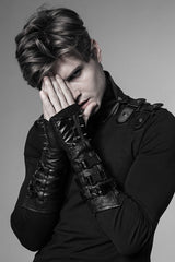 Black Faux Leather Metal Rivet Buckle Men's Steampunk Gloves - Black - 1