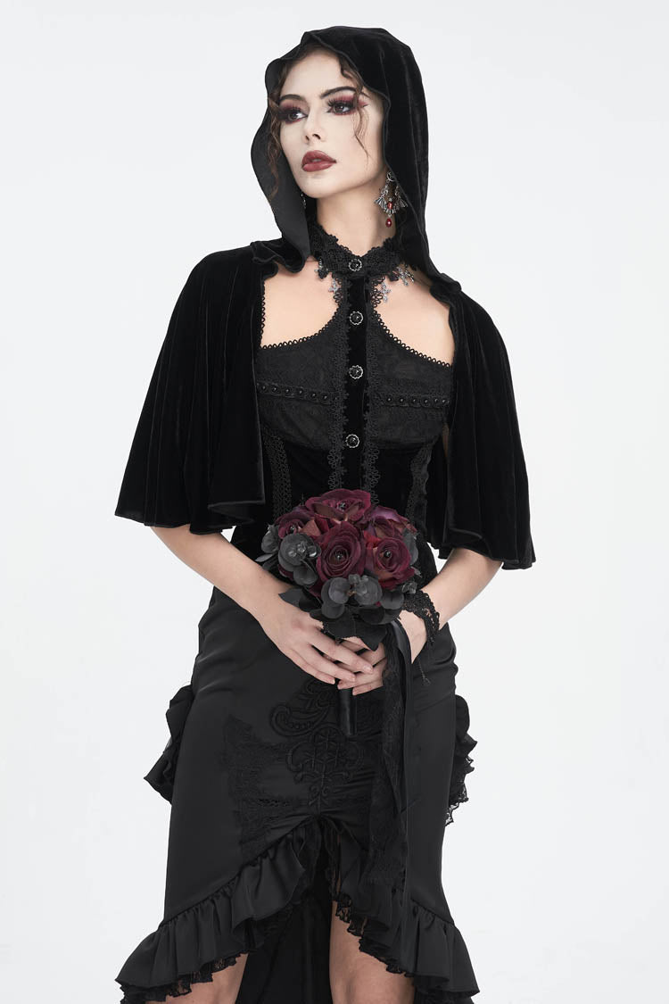 Black Stitching Lace Hooded Women's Gothic Cloak - Product - 2