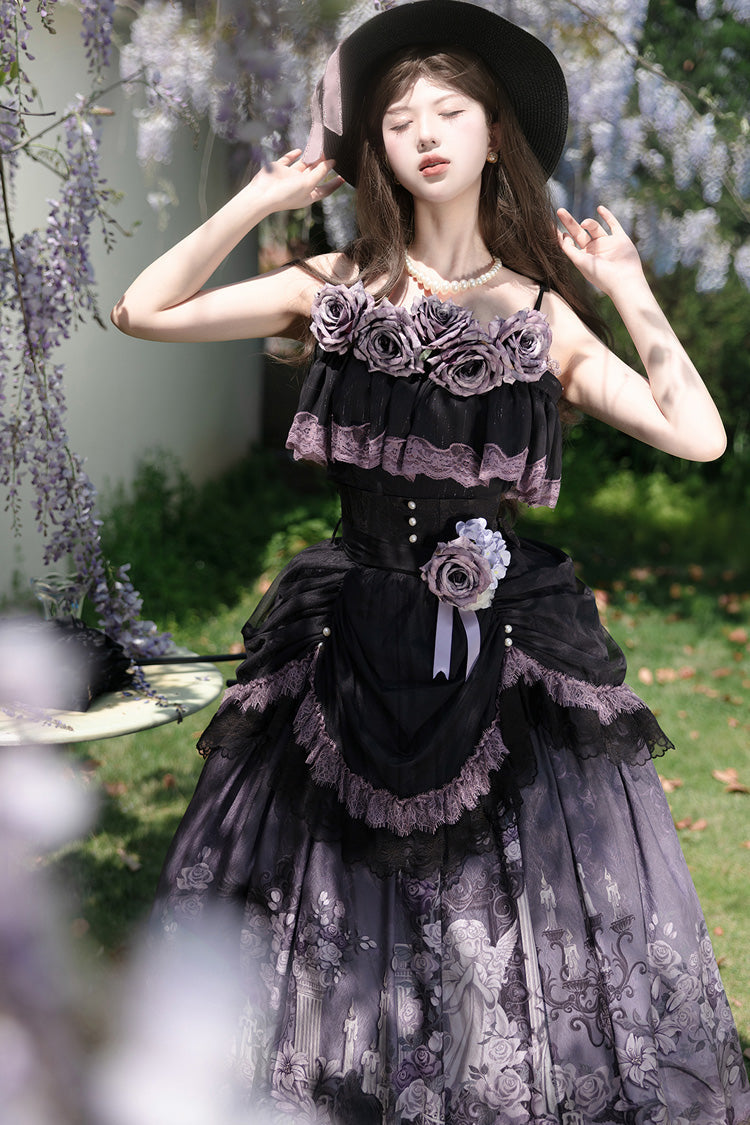 Black/Purple [Angel Garden] Sleeveless Print Ruffle Bowknot Lace Sweet Gothic Lolita Skirt Set - Product - 4