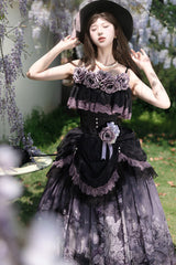 Black/Purple [Angel Garden] Sleeveless Print Ruffle Bowknot Lace Sweet Gothic Lolita Skirt Set - Product - 4