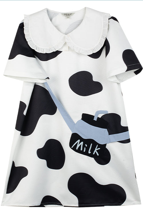Black/White Doll Collar Short Sleeves Milk Cow Print Sweet Lolita Dress - Product - 7