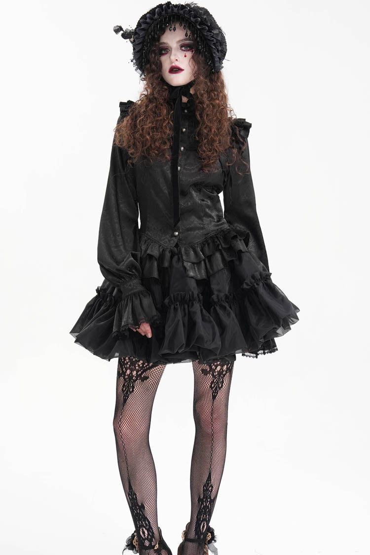 Black Long Sleeves Print Ruffle Lace Women's Gothic Blouse - Product - 4