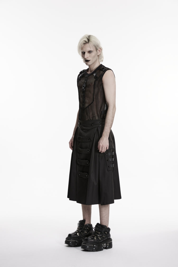 Black Studded Zippered  Big Pockets Pleated Men's Punk Skirt - Product - 3