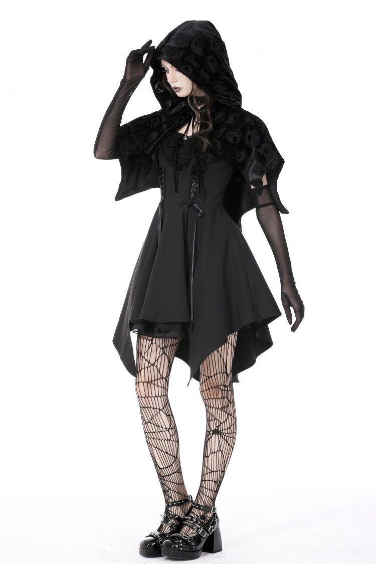 Black Skull Printed Front Lace-Up Women's Gothic Velvet Cape with Hood - Product - 2