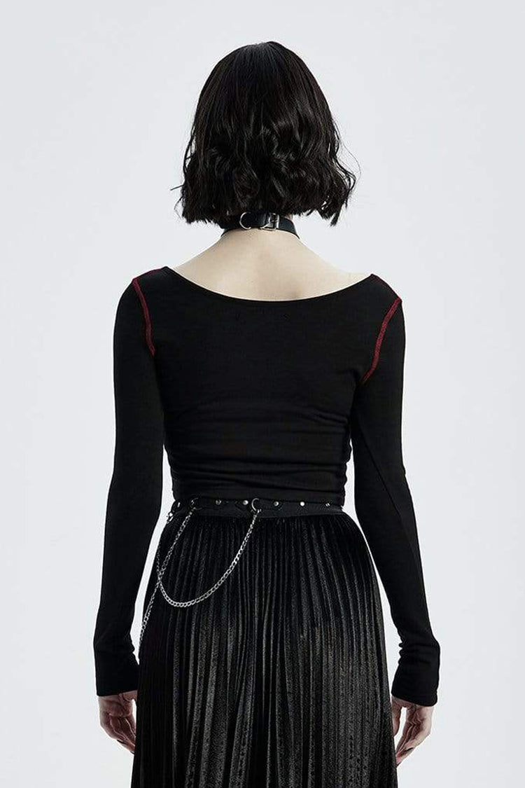 Black Round Collar Long Sleeve Front Metal Square Eyelets Decoration Short Tight Women's Punk T-Shirt - Product - 3
