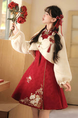 Red/White Stand Collar Long Sleeves High Waisted Embroidery Women's Sweet Chinese Style Hanfu Dress Two-piece Set - Product - 7