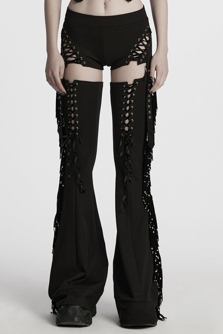 Black Tassel Lace-Up Detachable Women's Punk Pants - Black - 1