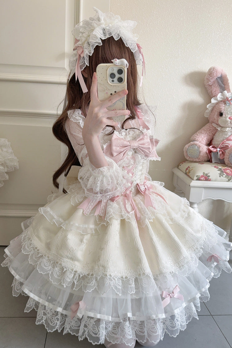 Apricot [Fleishi Island] Sleeveless Ruffle Bowknot Lace Slim Sweet Ballet Lolita Jsk Dress - Product - 8