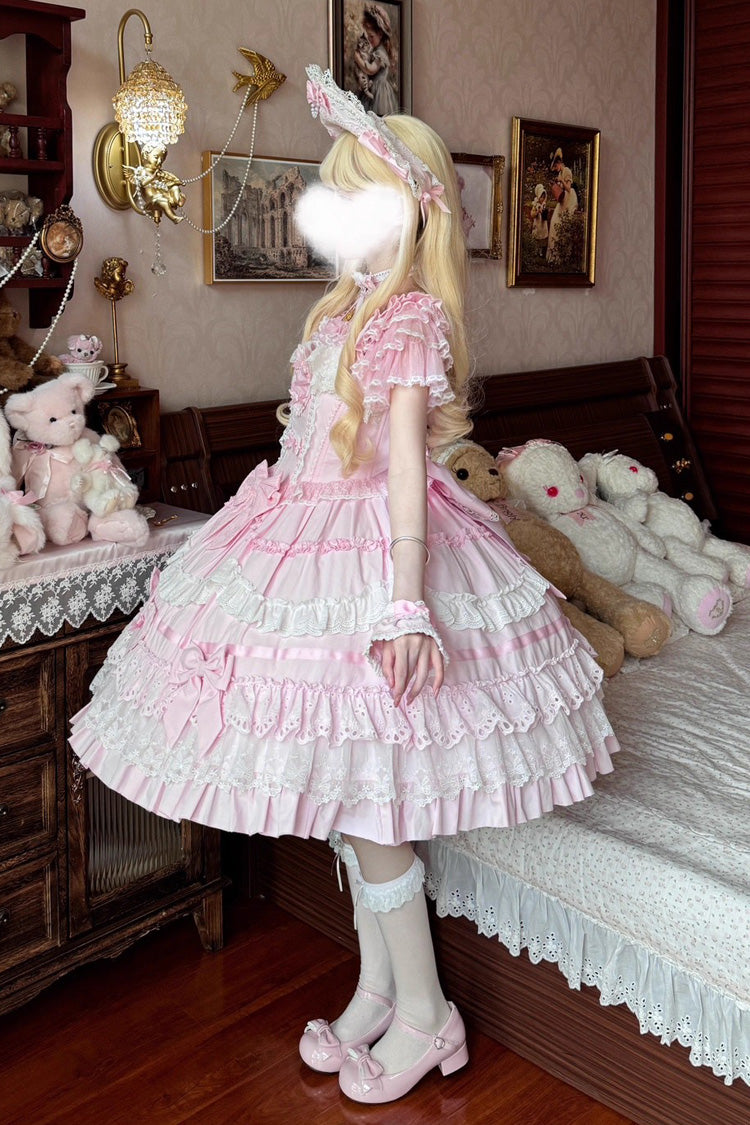 Pink [Super Cute Belia] Sleeveless Triple-Layered Ruffle Bowknot Lace Sweet Elegant Lolita Jsk Dress - Product - 9