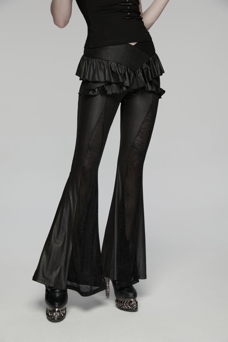 Black Ruffled Women's GothicRuffled Cobweb Pattern Flared Pants - Product - 2