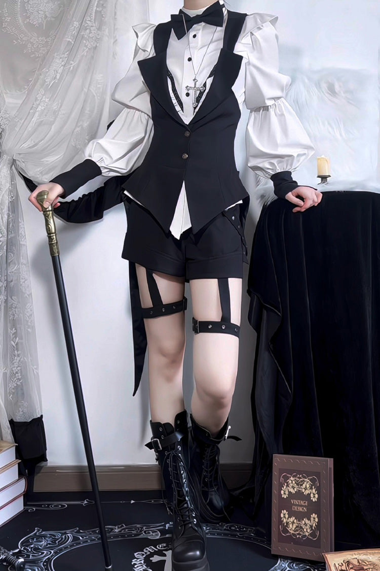 Black/White Stand Collar Long Sleeves Bowknot Gothic Prince Ouji Lolita Blouse Shorts Swallowtail Vest Set - Product - 8