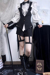 Black/White Stand Collar Long Sleeves Bowknot Gothic Prince Ouji Lolita Blouse Shorts Swallowtail Vest Set - Product - 8