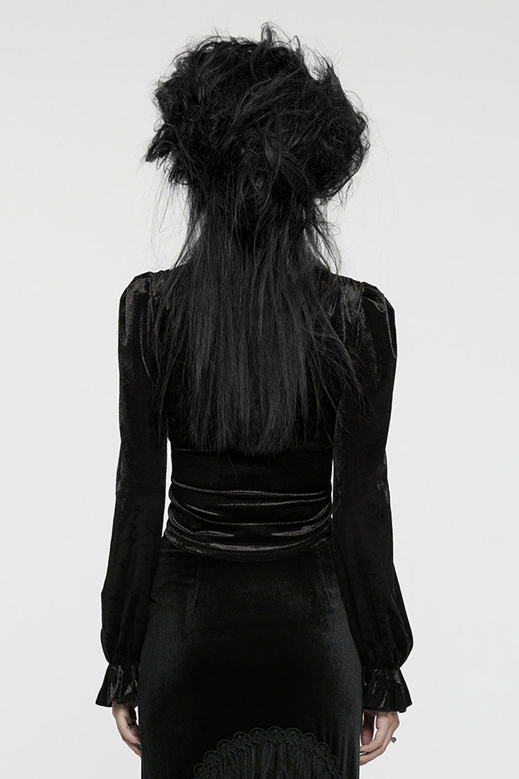 Black Stand Collar Irregular Pleated Velvet Women's Gothic Blouse - Product - 3