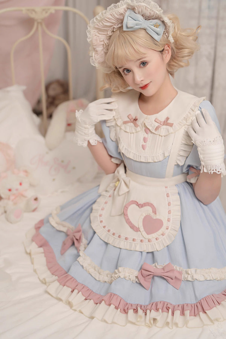Blue Short Puff Sleeves Ruffle Bowknot Maid Sweet Princess Lolita Dress - Product - 7