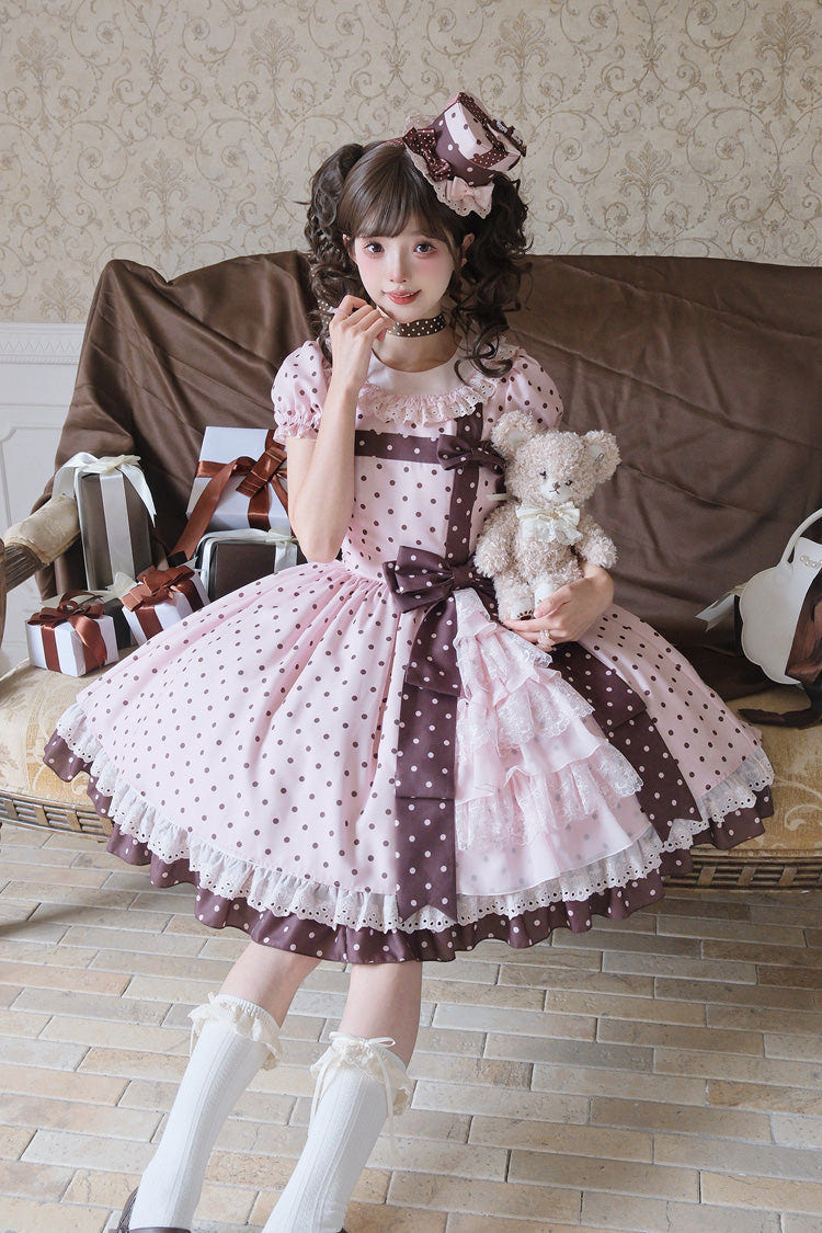 Pink [Canelé Gift Box] Round Collar Short Sleeves Double-Layered Printed Polka Dot Ruffled Open-Front Bow Asymmetric Sweet Lolita Dress - Product - 14