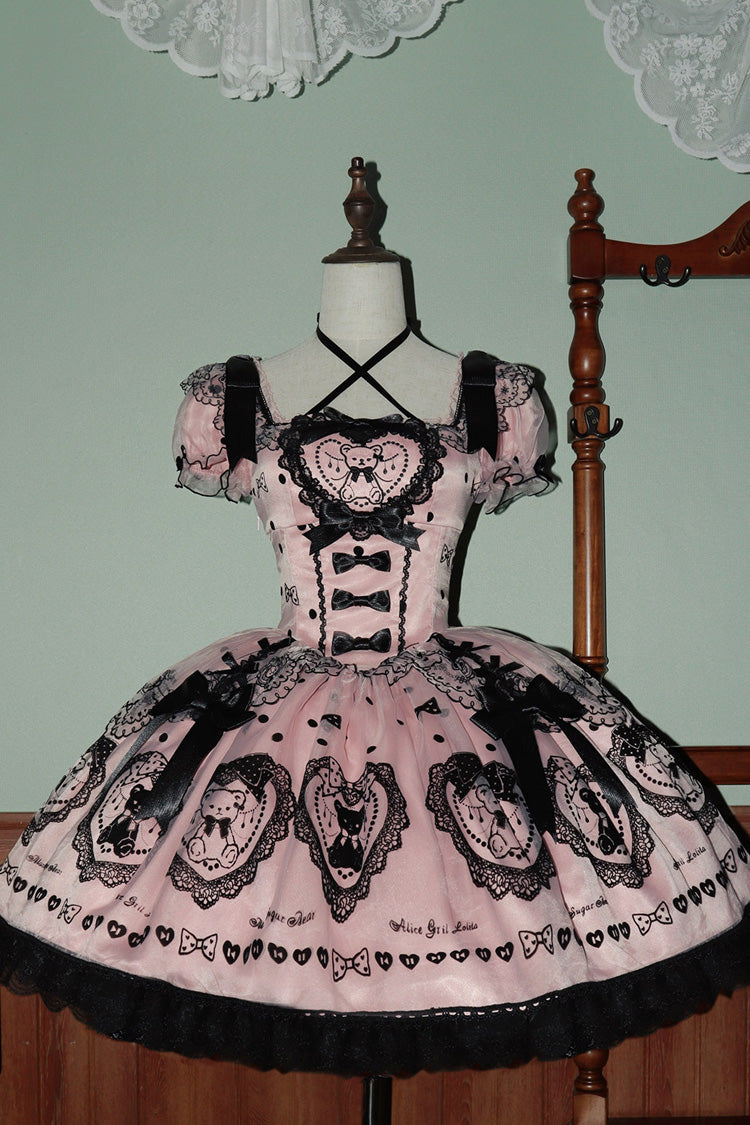 Pink [Sugar Bear] Square Collar Short Sleeves Embroidered Bow Sweet Lolita Dress (Bow Train Included) - Product - 2