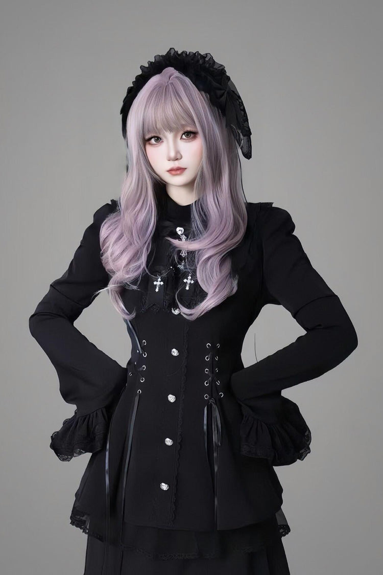Black Long Trumpet Sleeves Ruffle Gothic Jirai Kei Japanese Dress Set 2 Colors - Product - 2