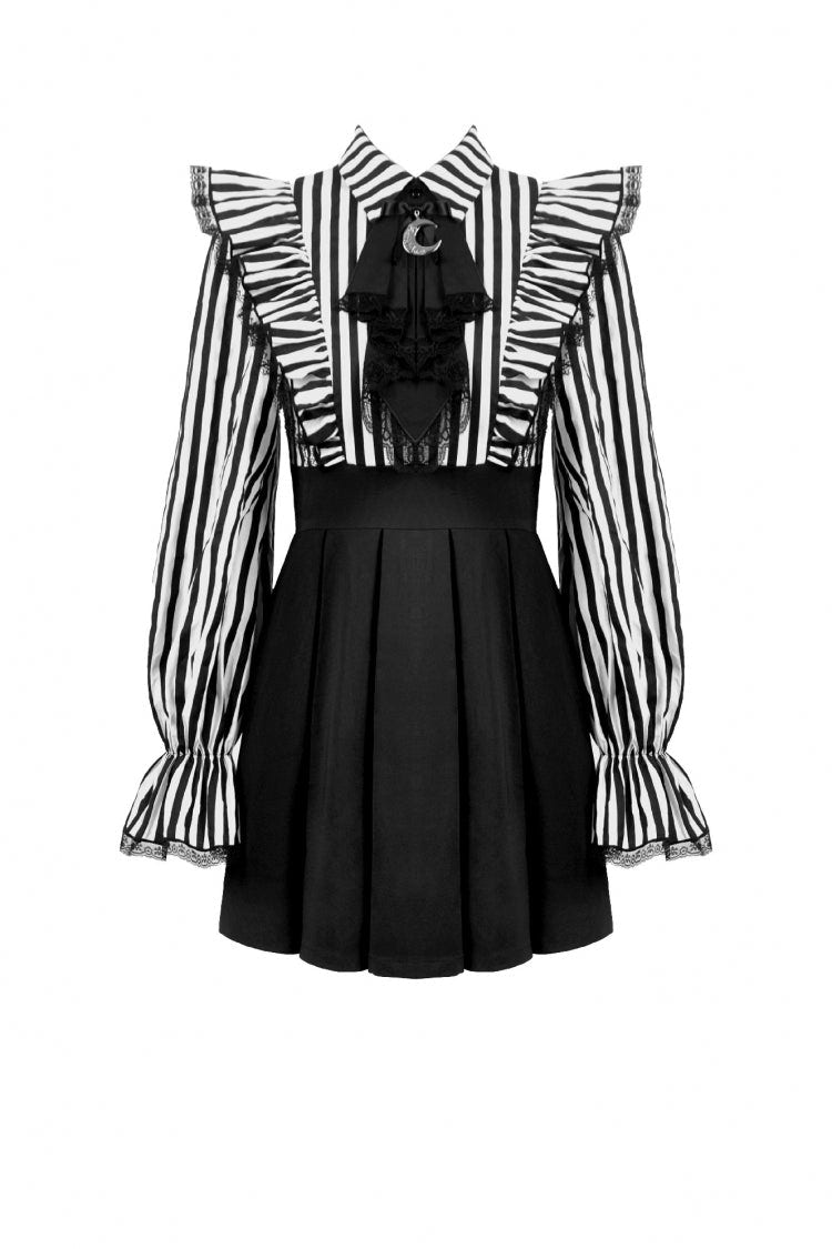 Black/White Striped Lapel Collar Long Sleeves Moon Lace Bow Ruffled Pleated Women's Gothic Dress - Product - 3