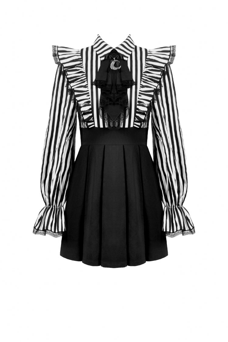 Black/White Striped Lapel Collar Long Sleeves Moon Lace Bow Ruffled Pleated Women's Gothic Dress - Product - 3