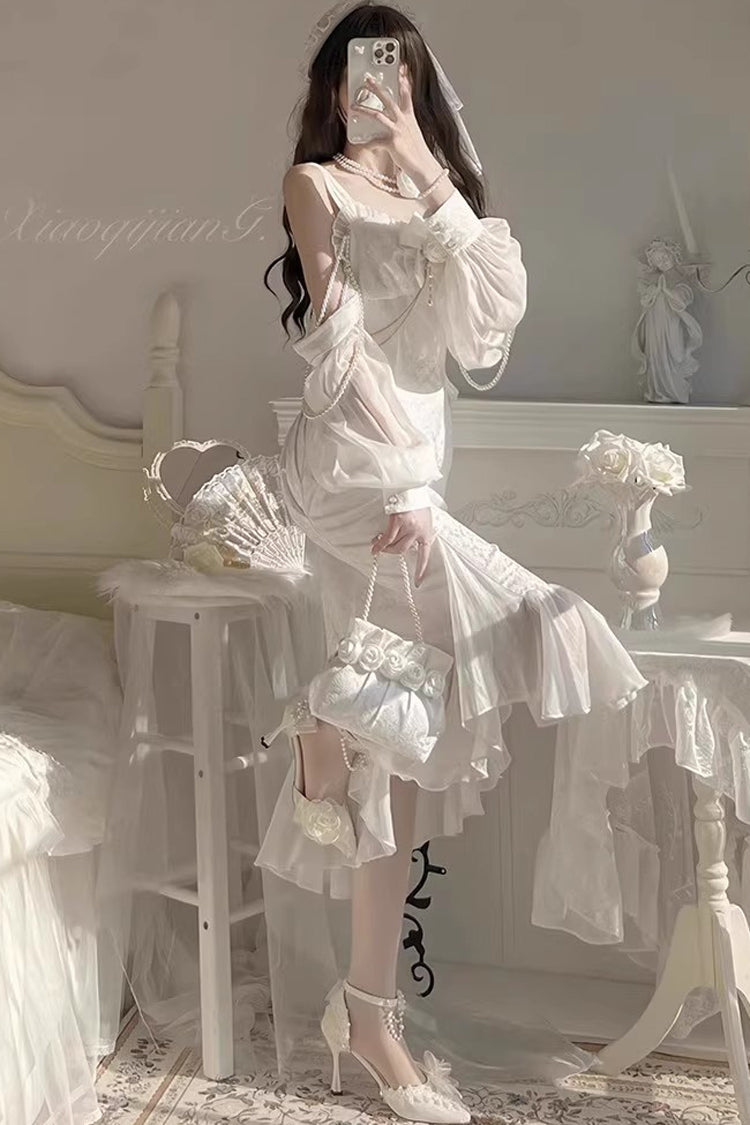 White [Camellia 1.0] Sleeveless Jacquard Ruffle Lace Sweet Chinese Style Lolita Jsk Fishtail Dress - Product - 7