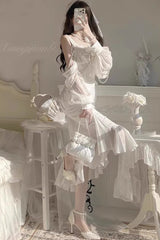 White [Camellia 1.0] Sleeveless Jacquard Ruffle Lace Sweet Chinese Style Lolita Jsk Fishtail Dress - Product - 7