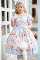 Blue [Rose Garden Rabbit] Print Ruffle Bowknot Sweet Lolita Dress - Blue - 1