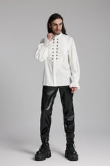 White Stand Collar Beast Buckle Long Sleeves Ruffle Men's Gothic Blouse - Product - 5