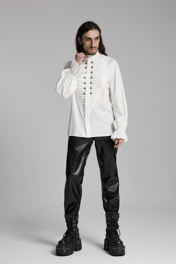 White Stand Collar Beast Buckle Long Sleeves Ruffle Men's Gothic Blouse - Product - 5