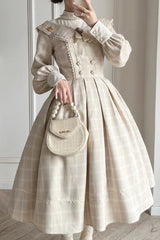 Apricot [Fontainebleau] Long Sleeves Plaid Print Bowknot Elegant Sweet Lolita Dress - Apricot - 1