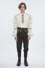 Brown High Waisted Striped  Lace-Up Men's Gothic Pants - Product - 5