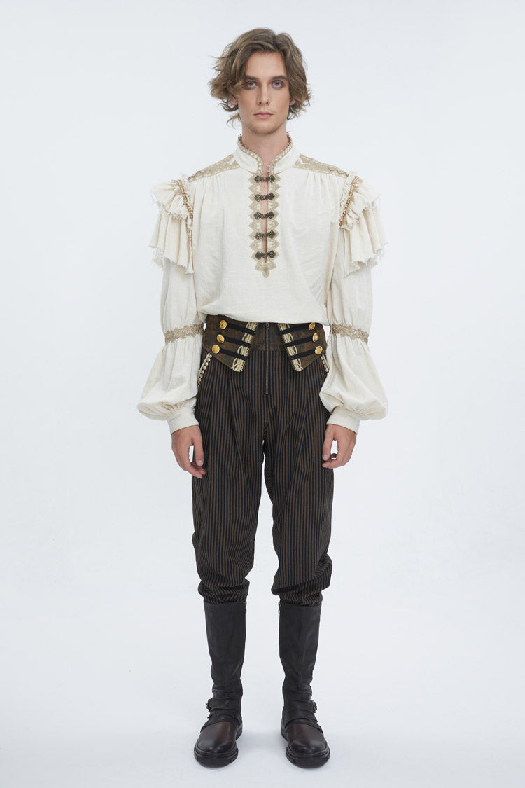 Brown High Waisted Striped  Lace-Up Men's Gothic Pants - Product - 5