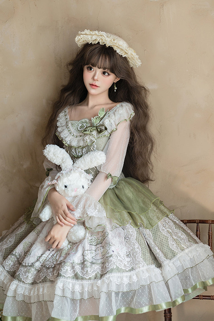 Green [Teacup Rabbit Little Fresh] Print Ruffle Bowknot Lace Lace-Up Sweet Lolita OP Dress - Product - 9