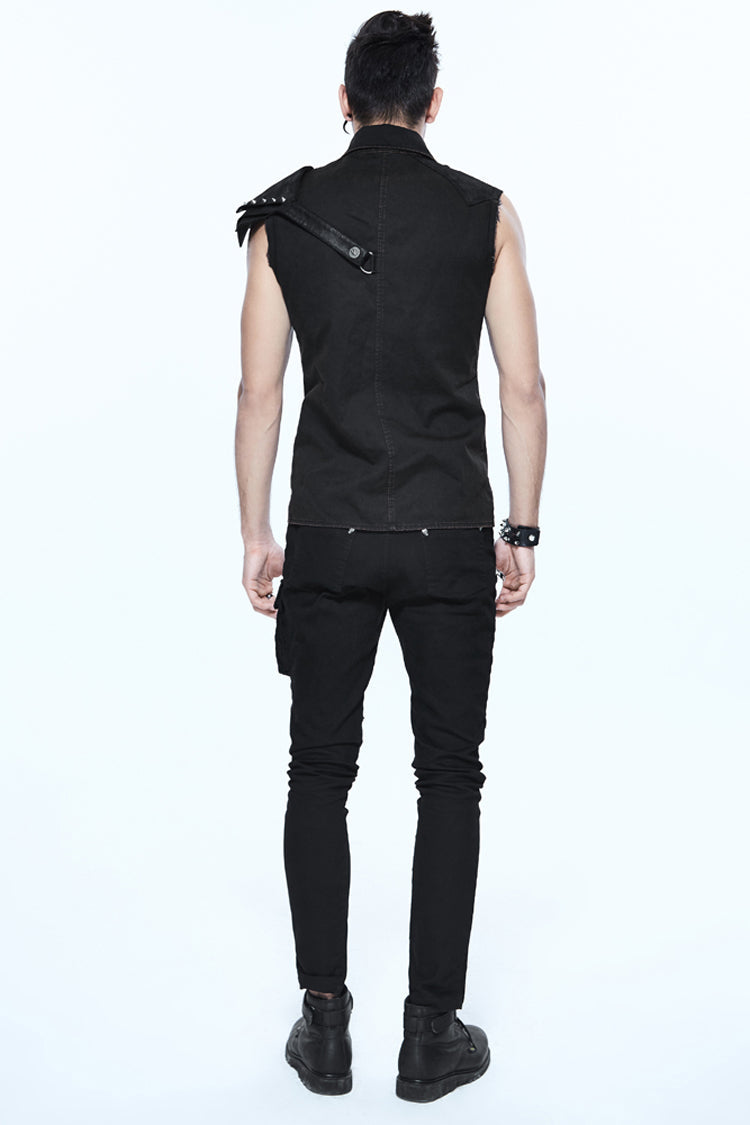 Black Sleeveless Twill One-Shoulder Armor Heat Seal Men's Punk Shirt - Product - 8