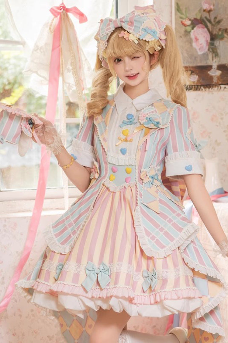 Blue/Pink Short Sleeves Weird Theater Print Ruffle Bowknot Sweet Lolita Dress - Blue/Pink - 1