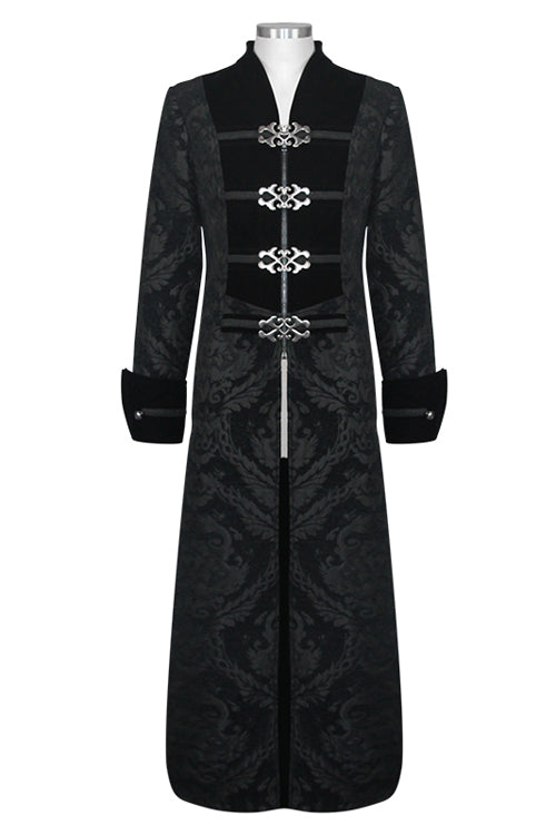 Black Gothic Patterned Metal Buttons Mens Velveteen Long Coat - Product - 4