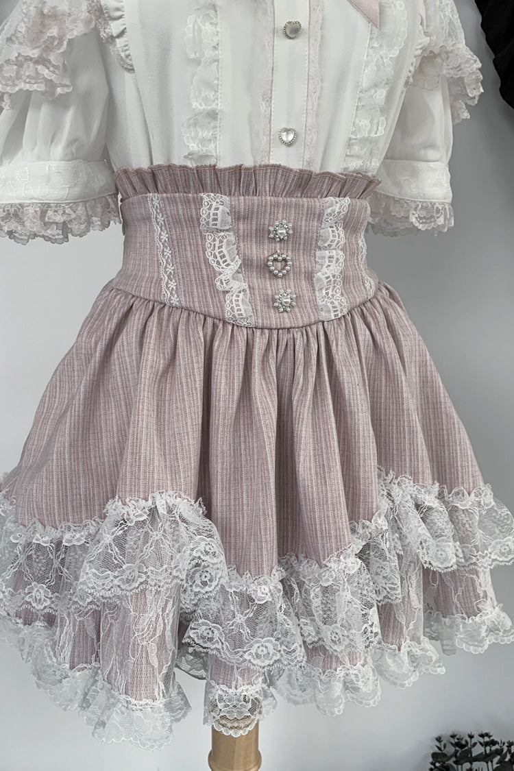 Jirai Kei Sweet Double-Layered Jacquard Ruffled Lace Japanese Skirt Set 2 Colors - Pink(Skirt-Only) - 11