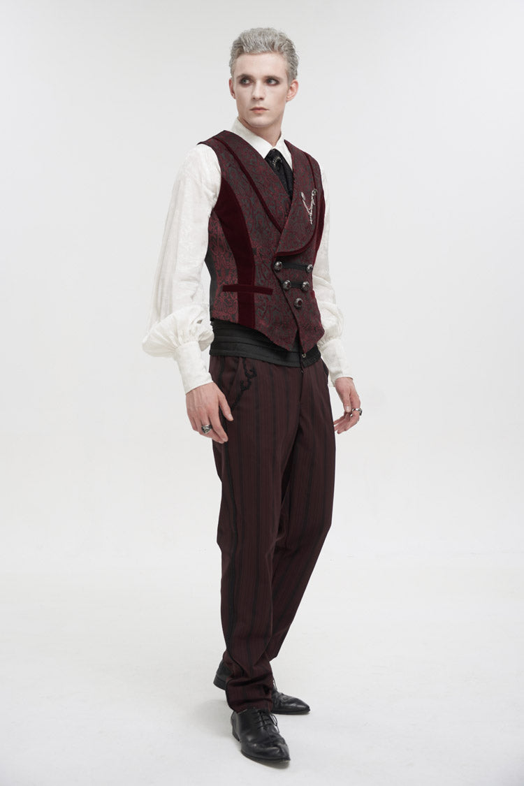 Red Retro Mid High Waist Micro Elastic Striped Woven Stitching Three Dimensional Jacquard Men's Gothic Trousers - Product - 4
