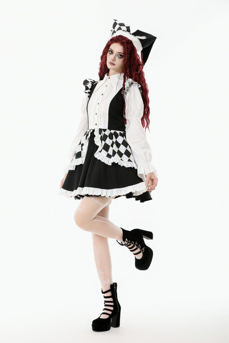 Black/White Harlequin Sharp Point Collar Long Puff Sleeves Women's Lolita Gothic Dress - Product - 9