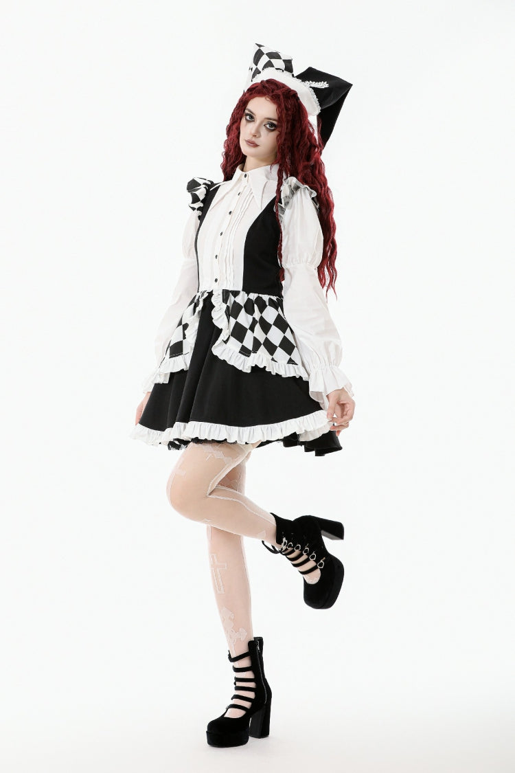 Black/White Harlequin Sharp Point Collar Long Puff Sleeves Women's Lolita Gothic Dress - Product - 9